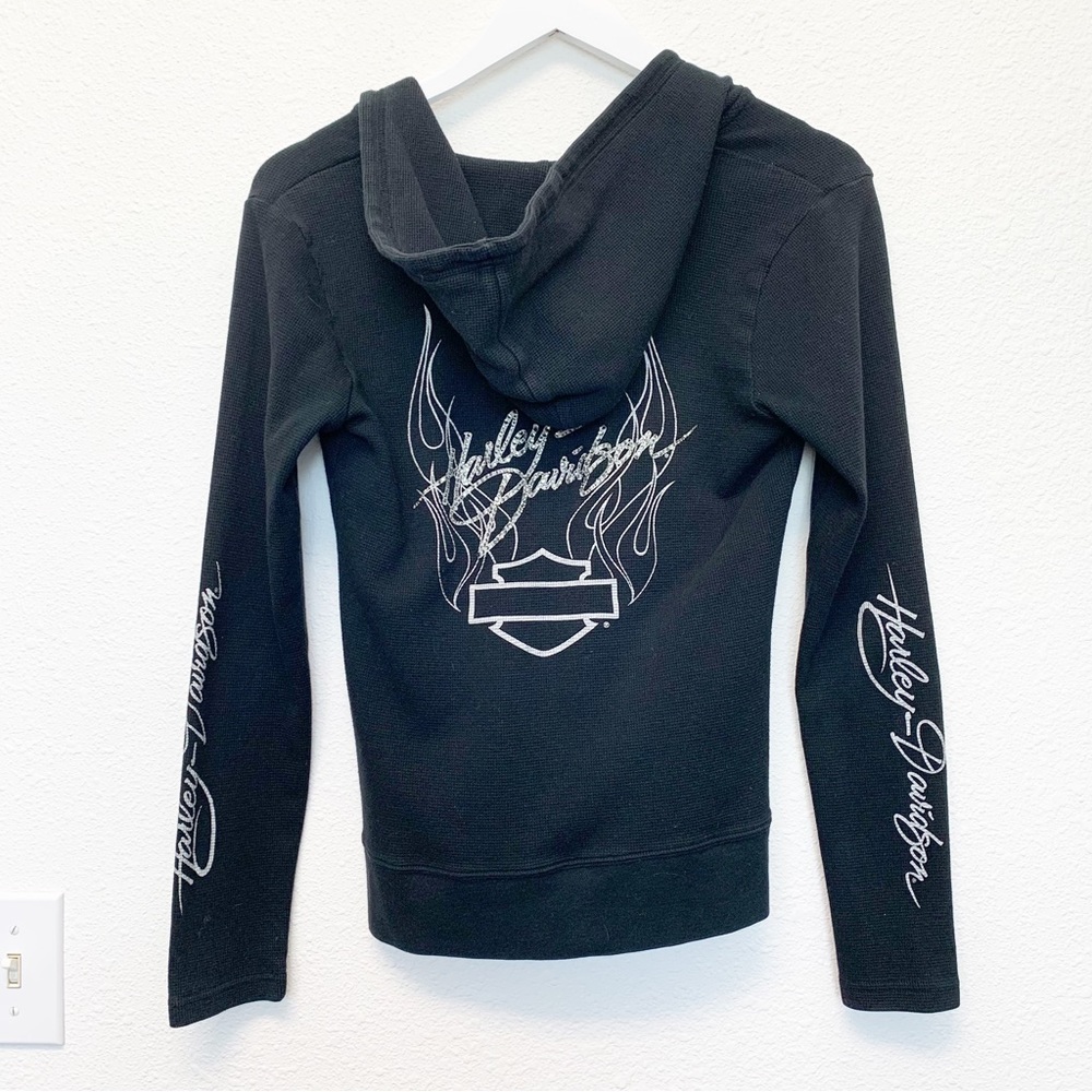 HARLEY DAVIDSON Rhinestone Logo Black Thermal Hoodie Y2K Vintage SIZE M